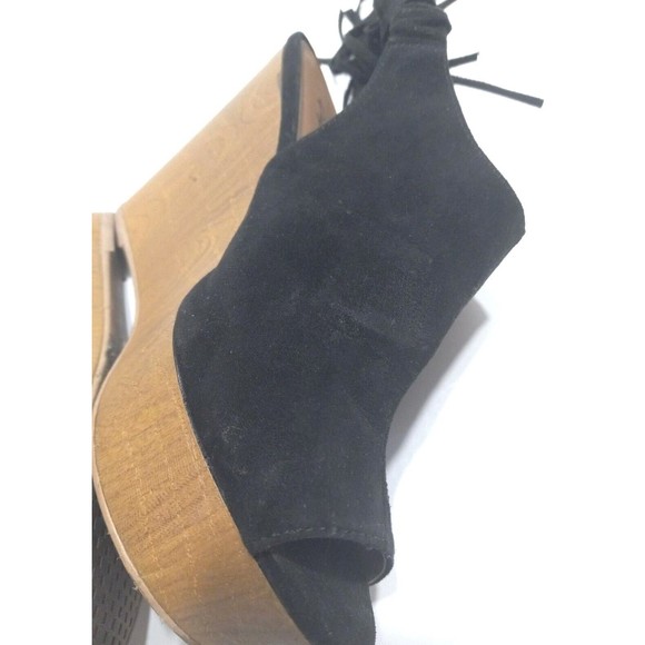 Qupid Platform Wedge Fringed Heel Sandal Black Suede Leather Elastic Back - Picture 11 of 12